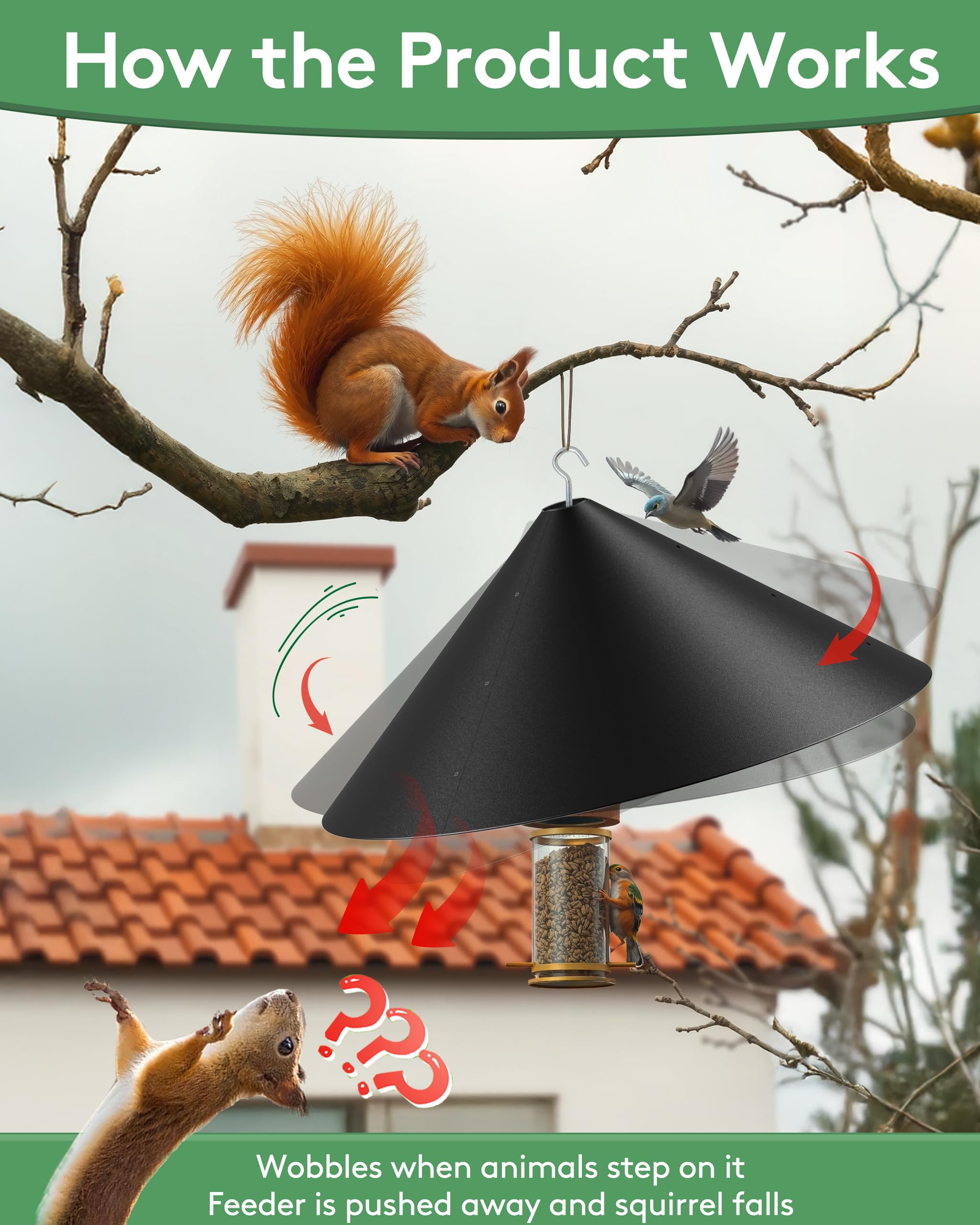 KITVONA installed over hanging feeder demonstrating effective squirrel barrier