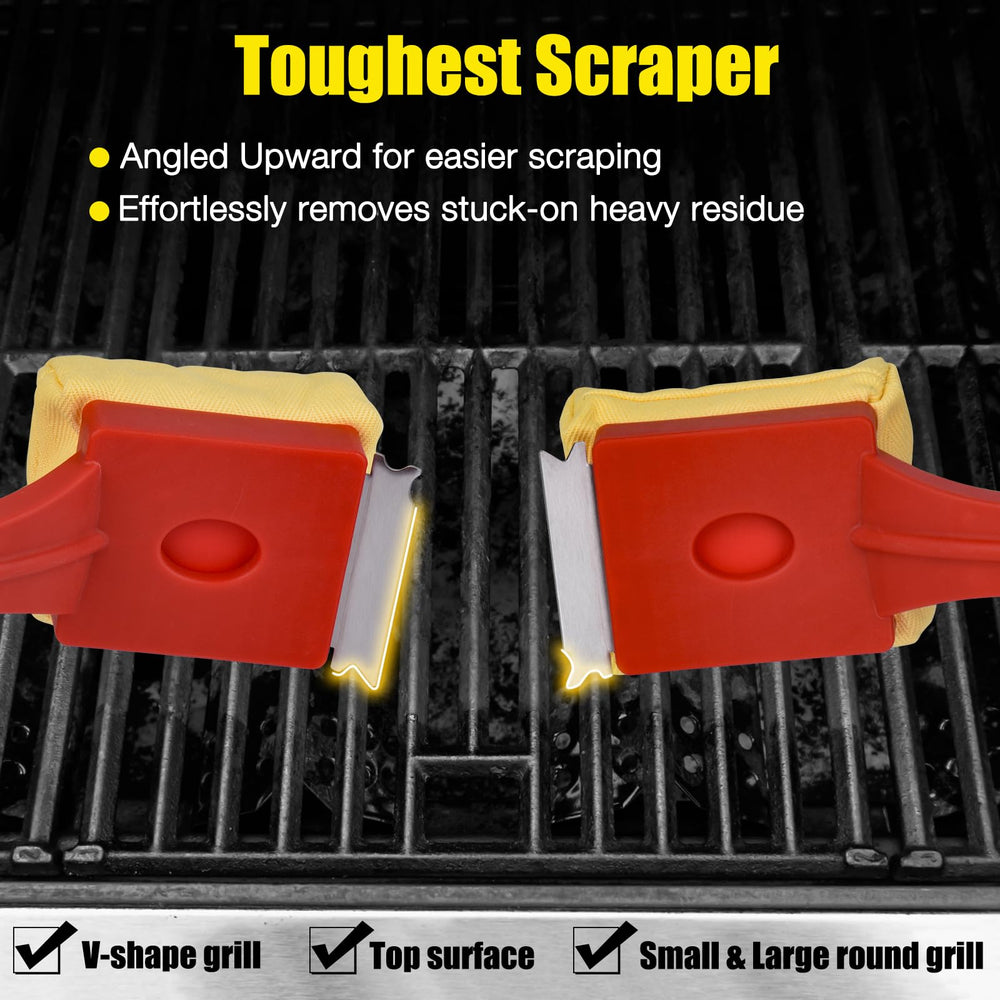 Kitwanda brush shown in hand beside grill grates to illustrate size and ergonomic grip