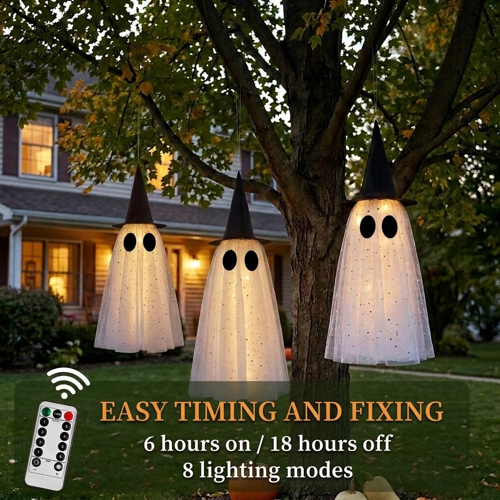 KIWDY three ghosts hanging from a tree branch creating spooky yard accent