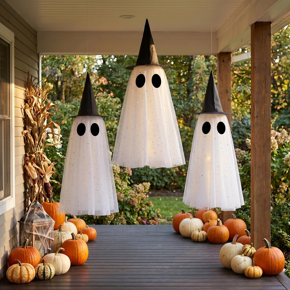 KIWDY black witch hat detail perched on ghost, adds festive Halloween charm