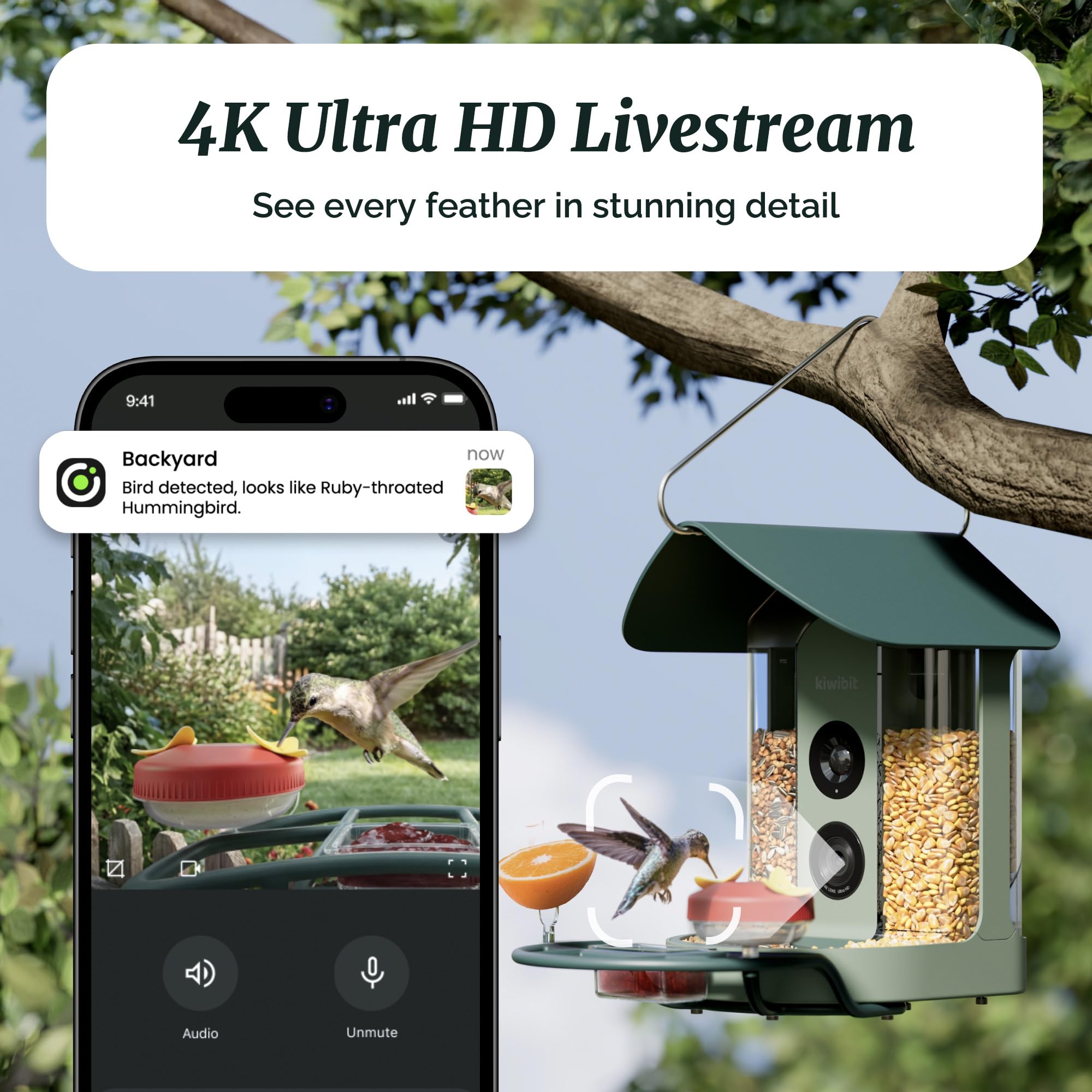Kiwibit close-up of 4K camera lens capturing fine feather detail benefit