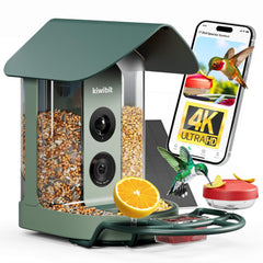 Kiwibit feeder front view showing camera and seed tray, clear observation benefit
