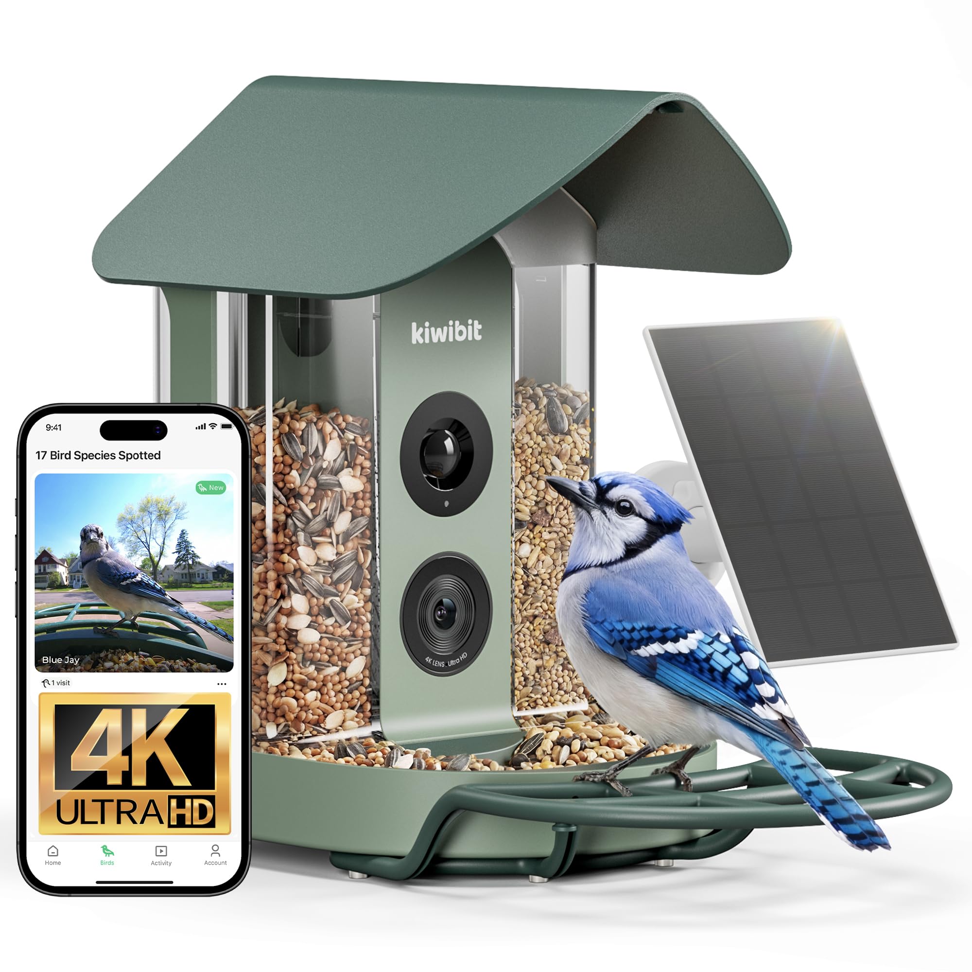 Kiwibit front view feeder showing camera and seed ports benefit clear livestreaming