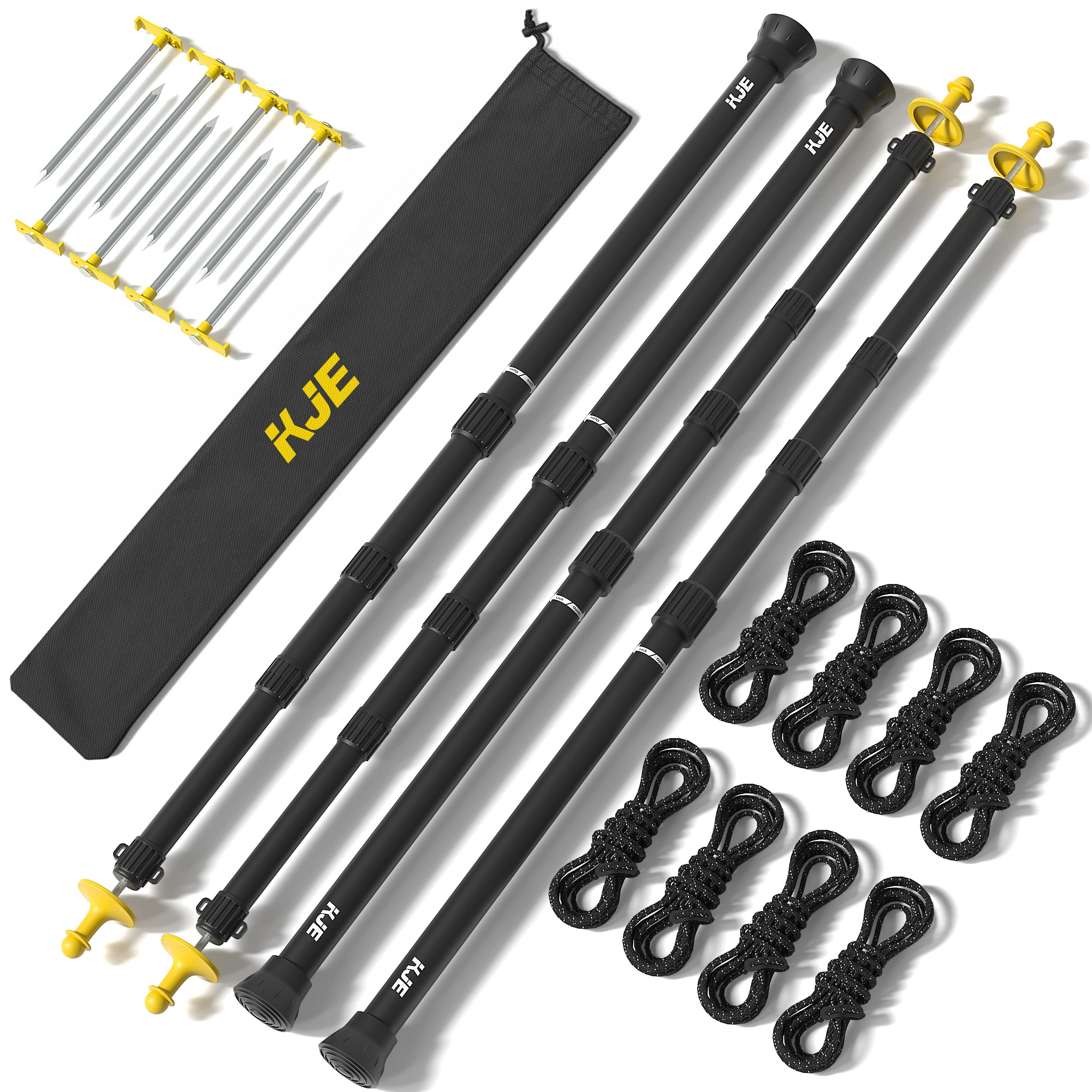 KJE front view of four poles with stakes and bag showing complete kit benefit