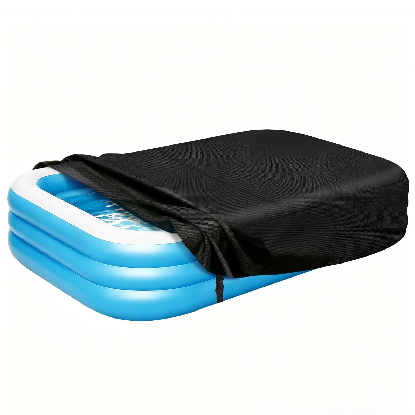 KJX front view of rectangle pool cover showing snug fit and protection