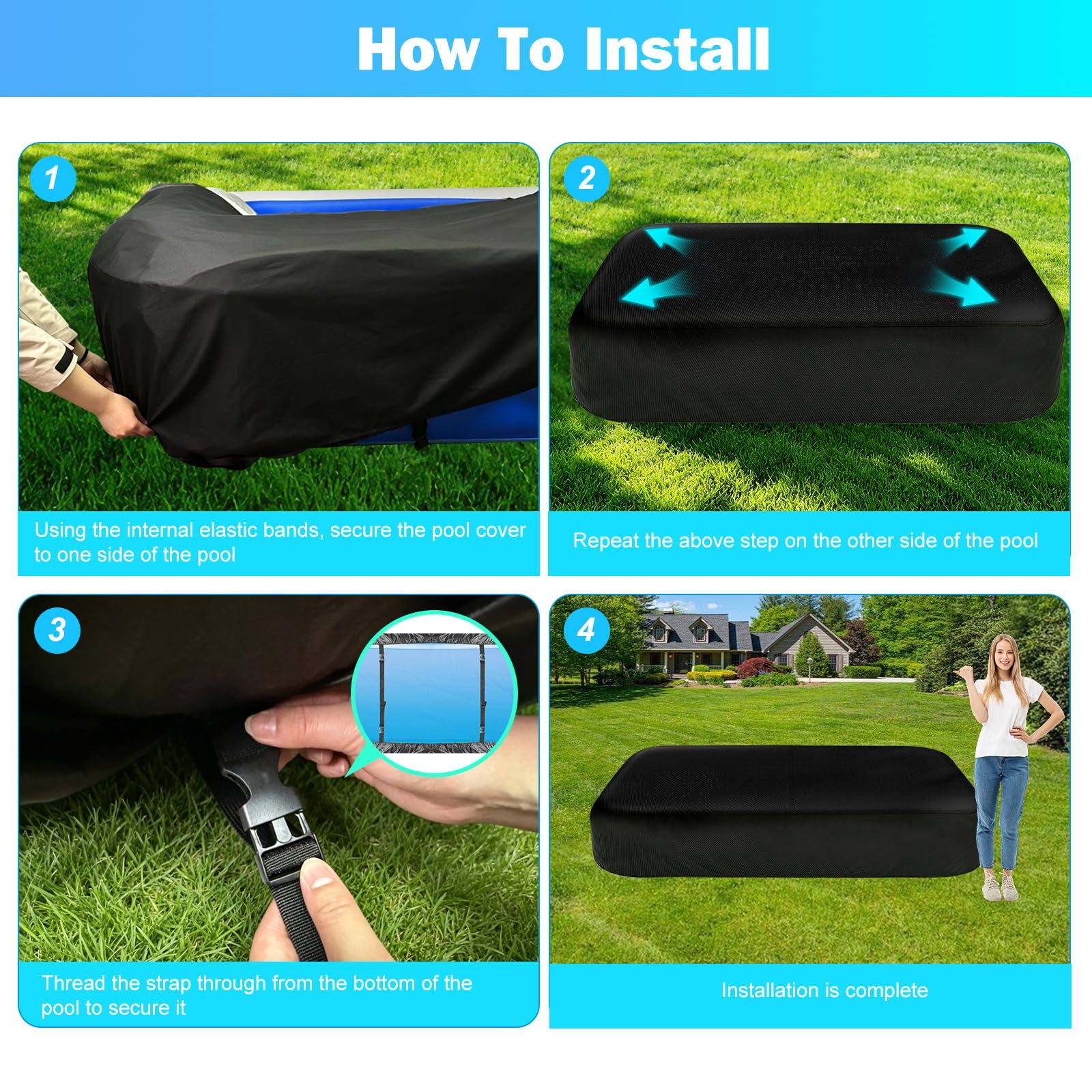 KJX covered inflatable pool in backyard demonstrating debris protection