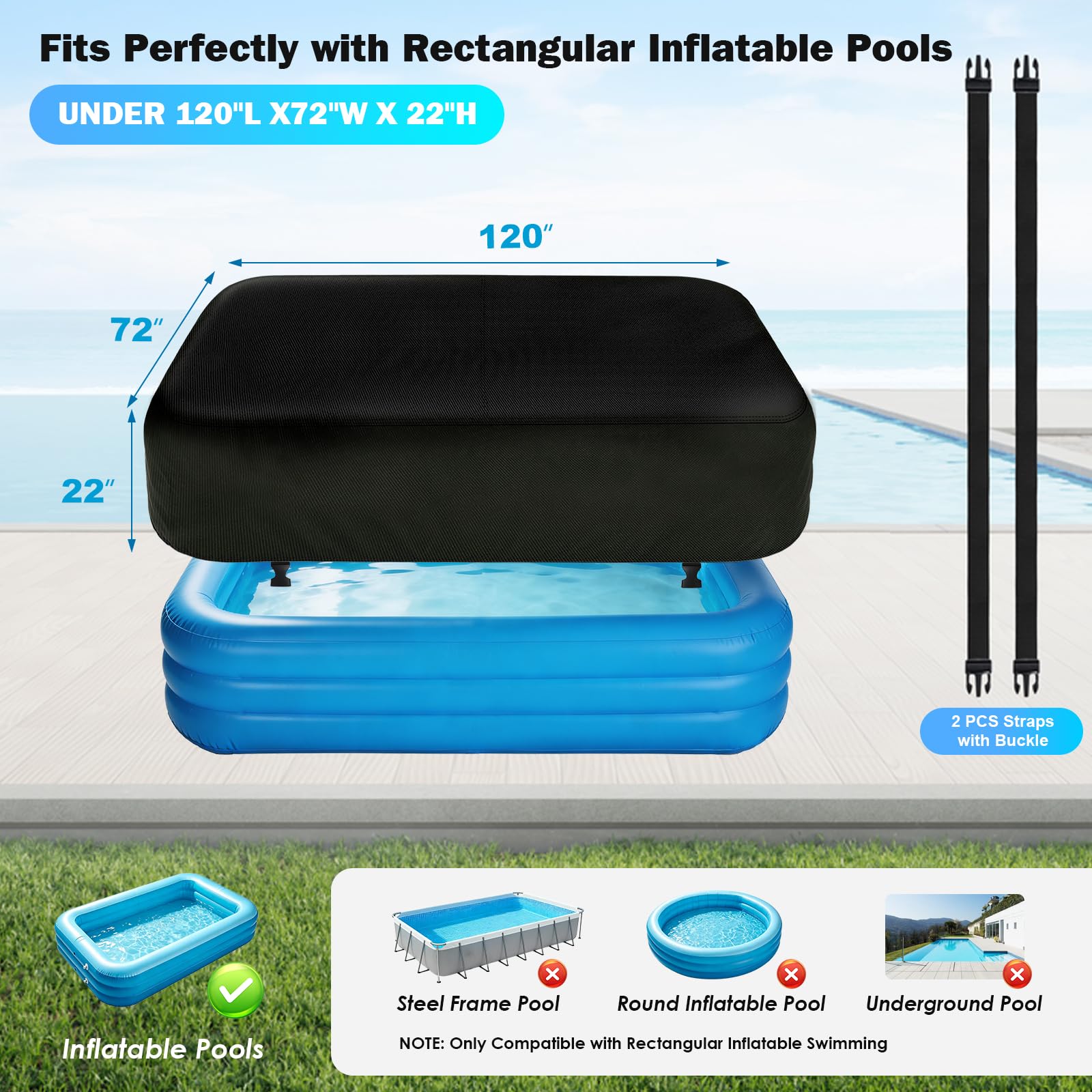 KJX cover beside measuring tape showing fit for 120x72 inch pools