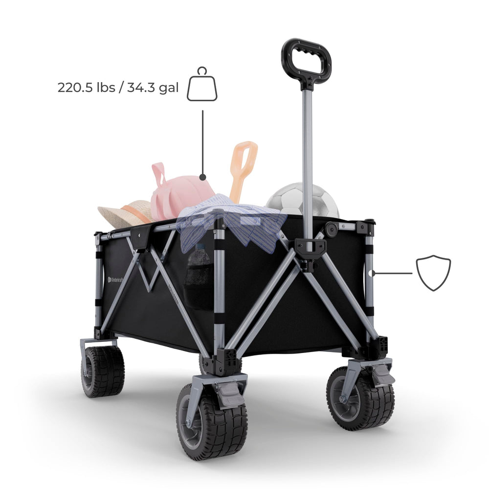 kk Kinderkraft ROLLSTER loaded with groceries demonstrating 34‑gallon capacity and stable support