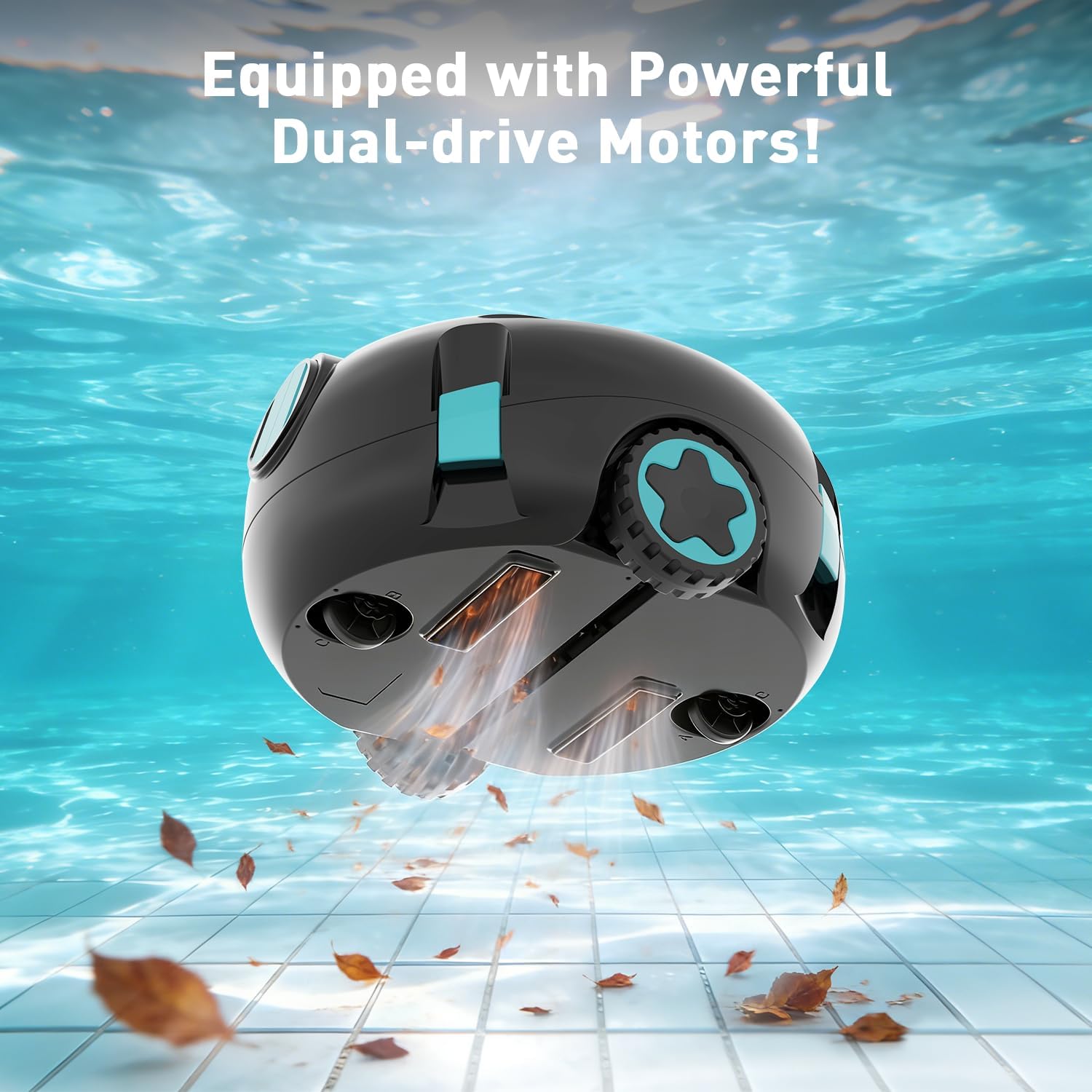 KKI WheelDrive in backyard pool scene showing cordless hassle-free cleaning