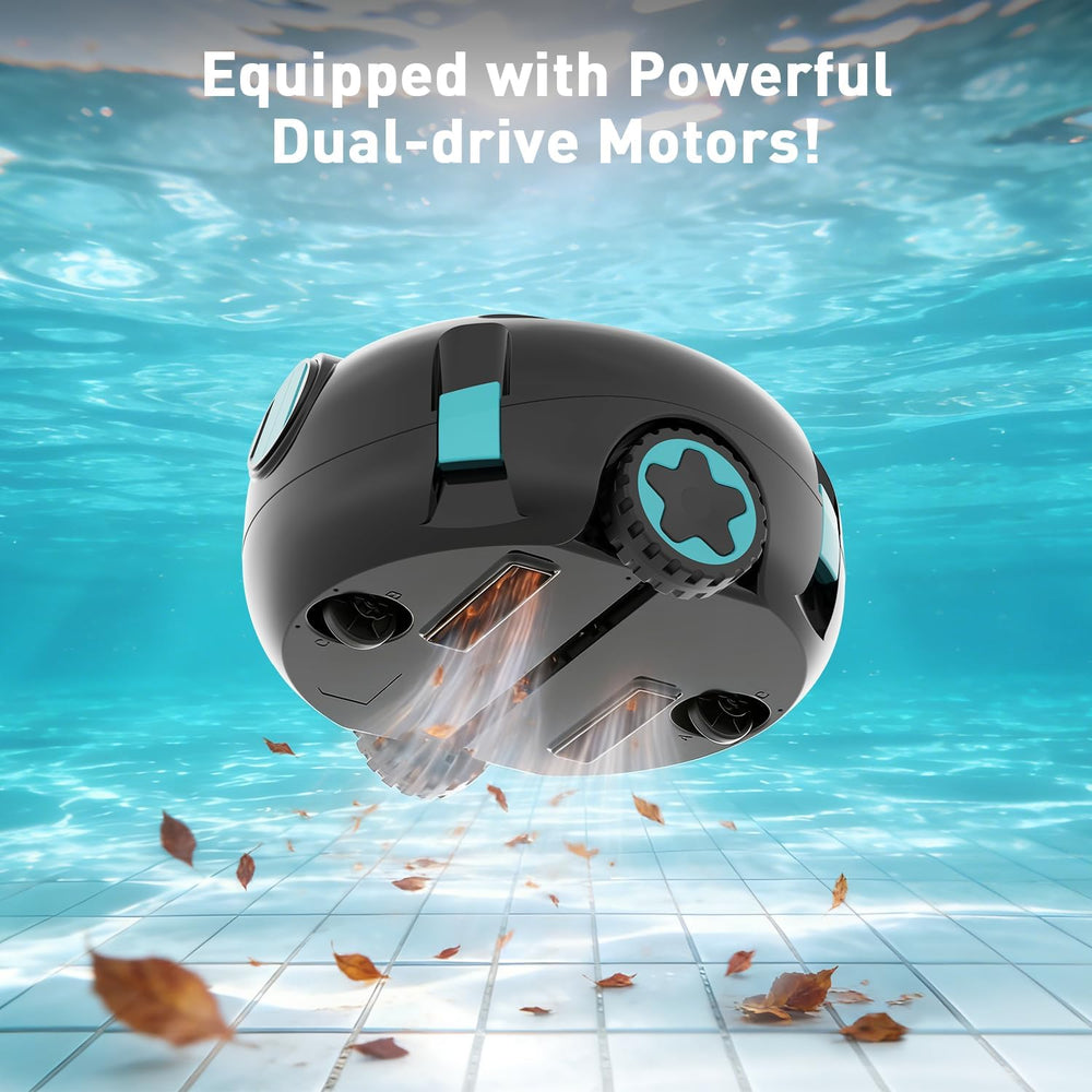 KKI WheelDrive in backyard pool scene showing cordless hassle-free cleaning