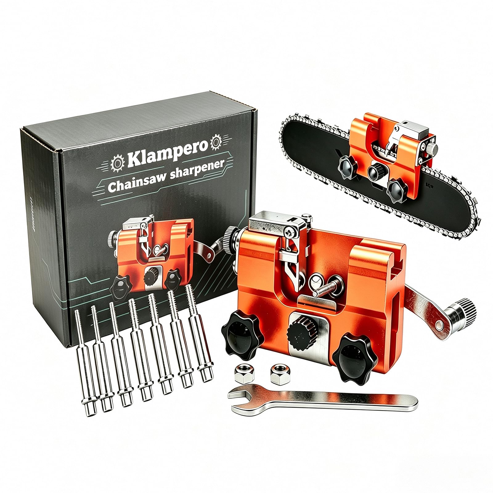Klampero Pro front view showing compact alloy body and crank for fast sharpening