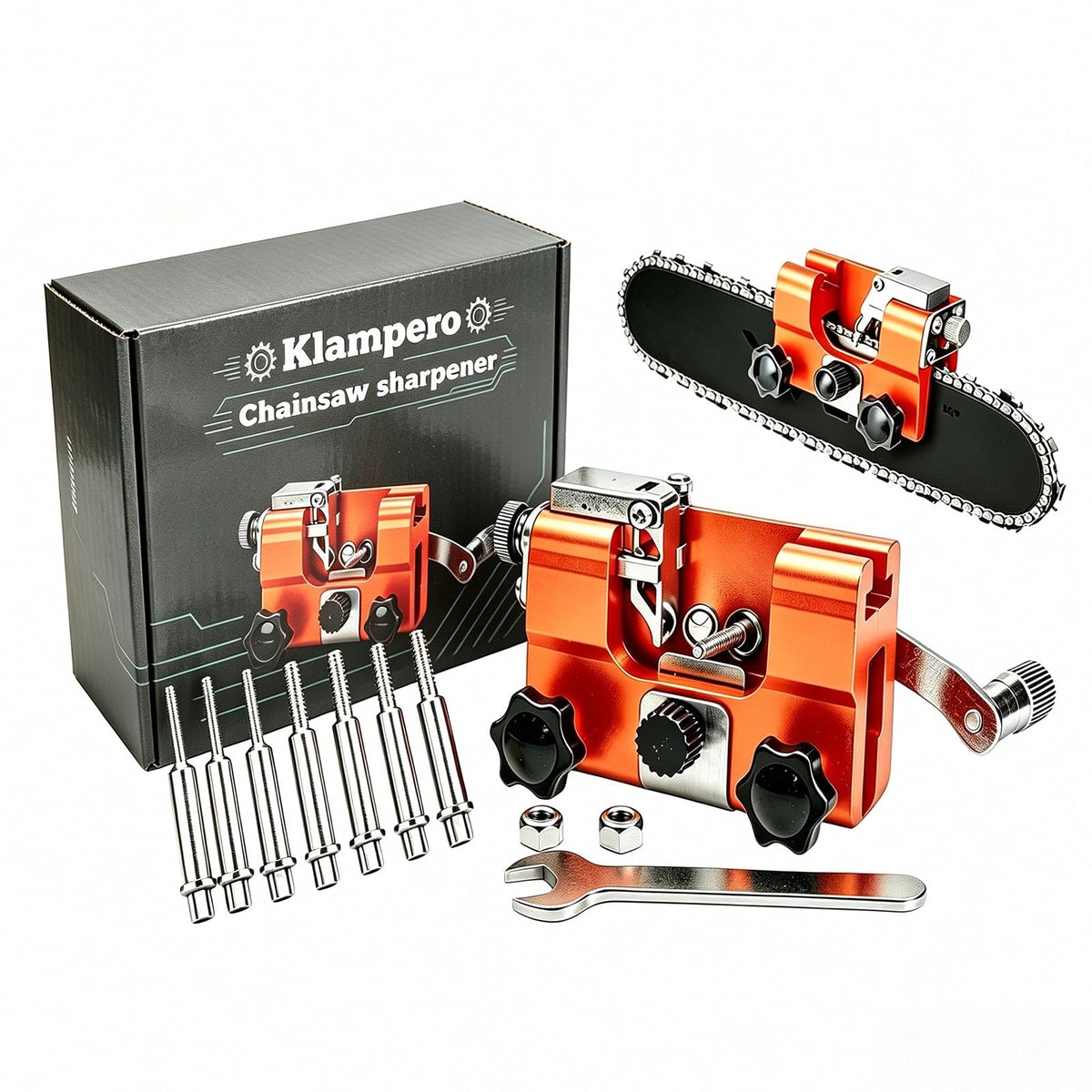 Klampero Pro front view showing compact alloy body and crank for fast sharpening