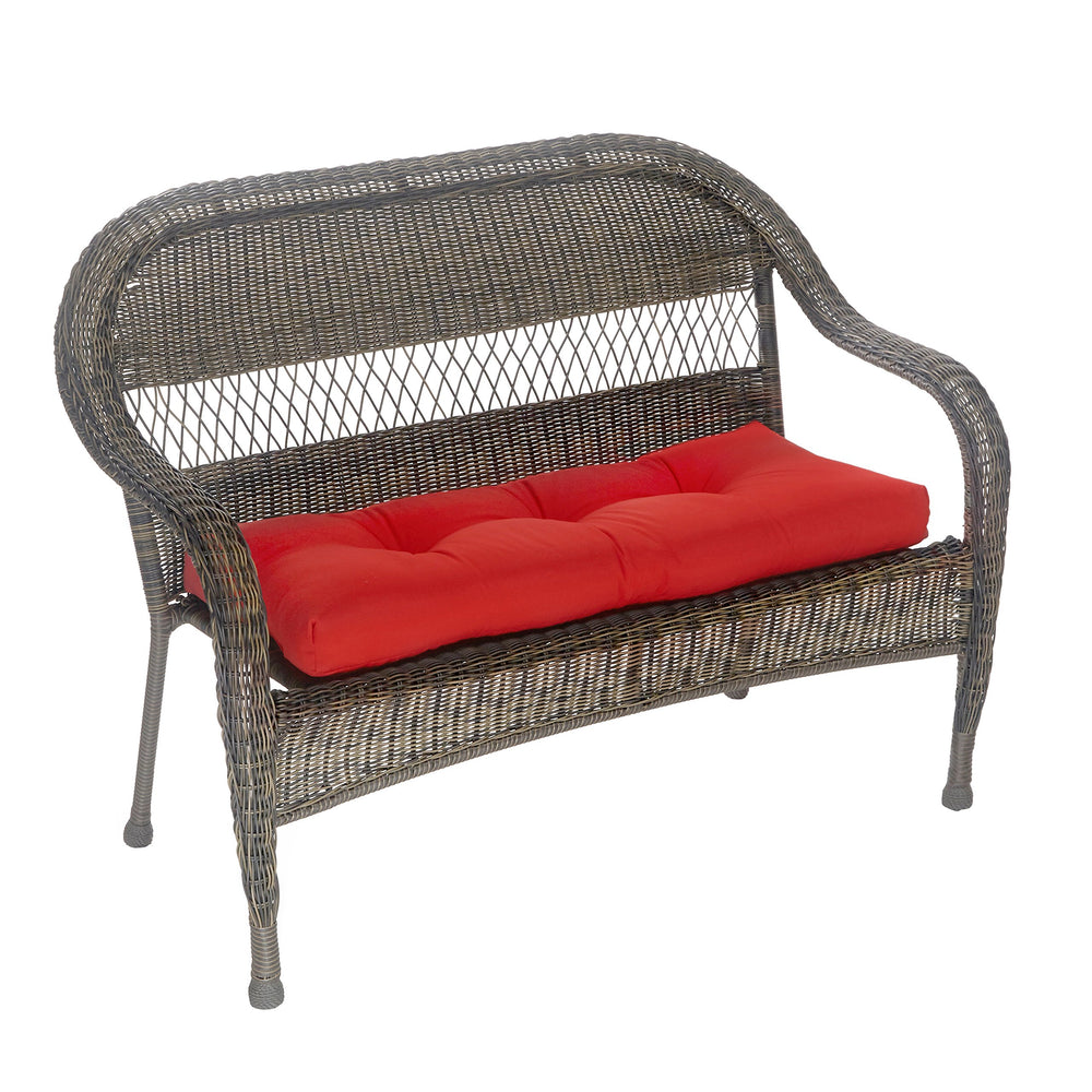Klear Vu front view of red bench cushion showing shape and tailored button tufts for comfort