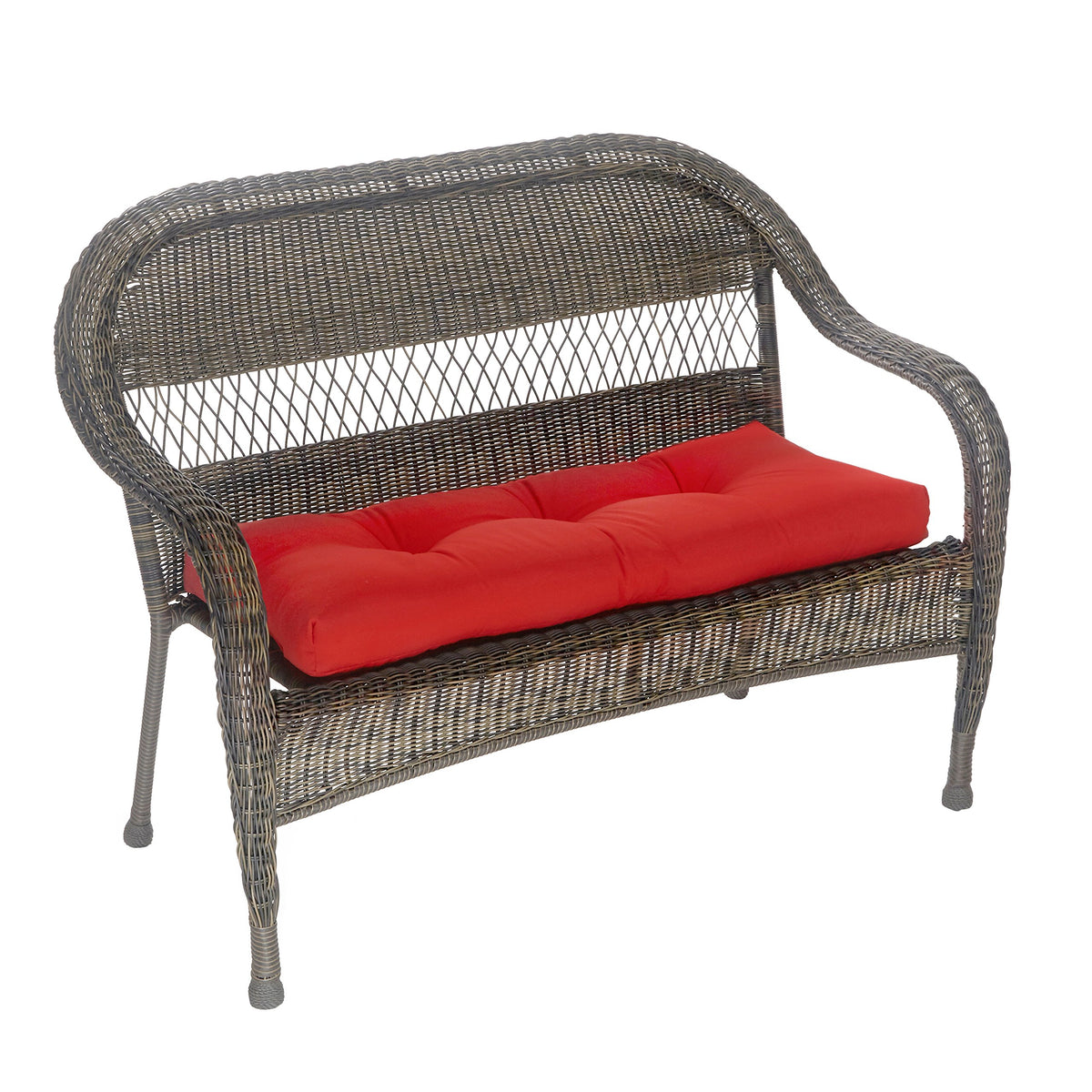 Klear Vu front view of red bench cushion showing shape and tailored button tufts for comfort