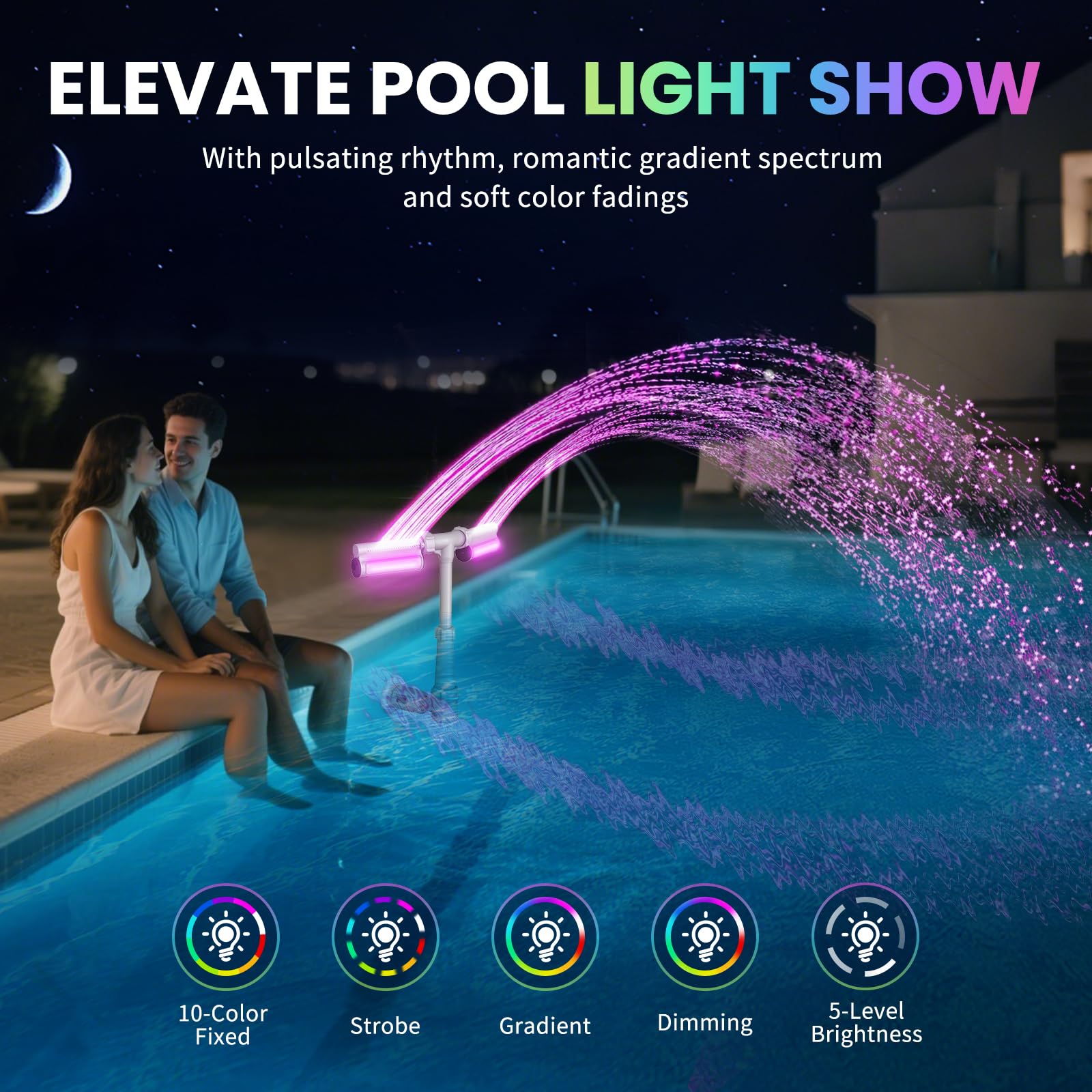 klleyna fountain in pool at dusk creating ambient lighting and soothing waterfall sound