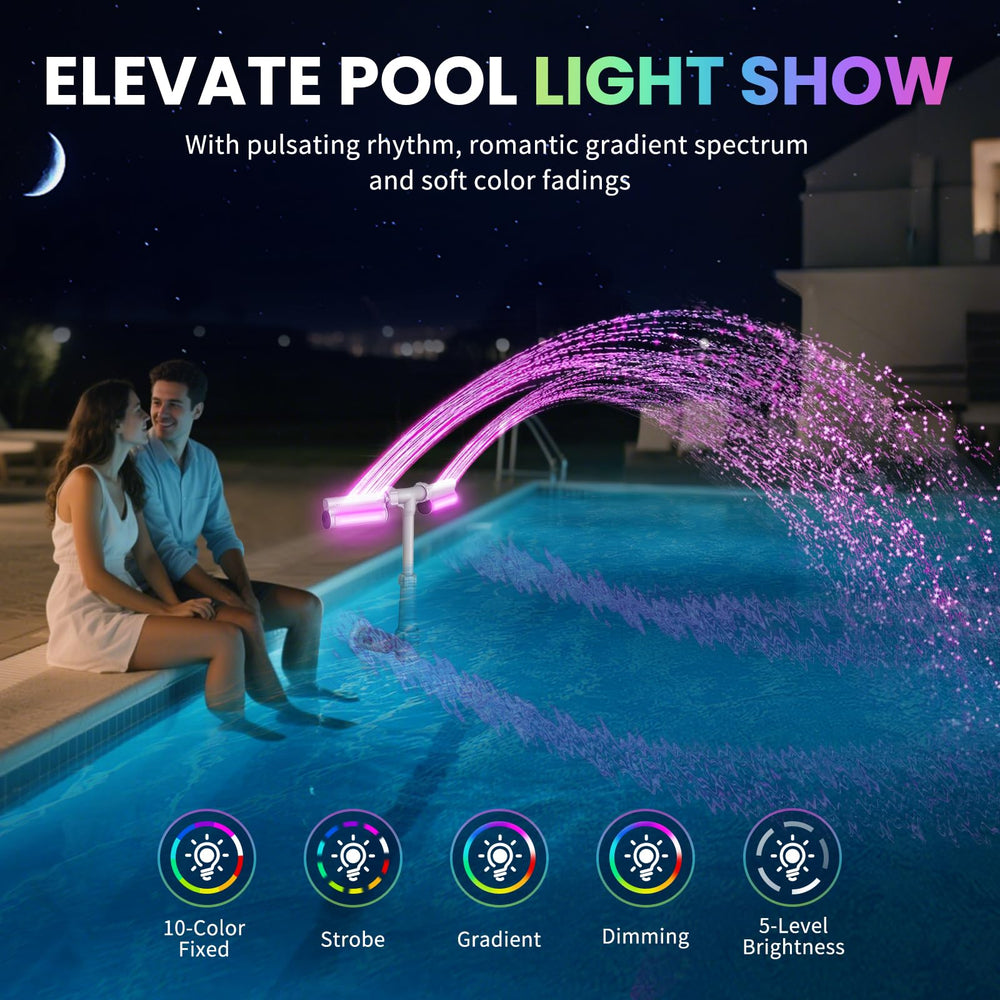 klleyna fountain in pool at dusk creating ambient lighting and soothing waterfall sound