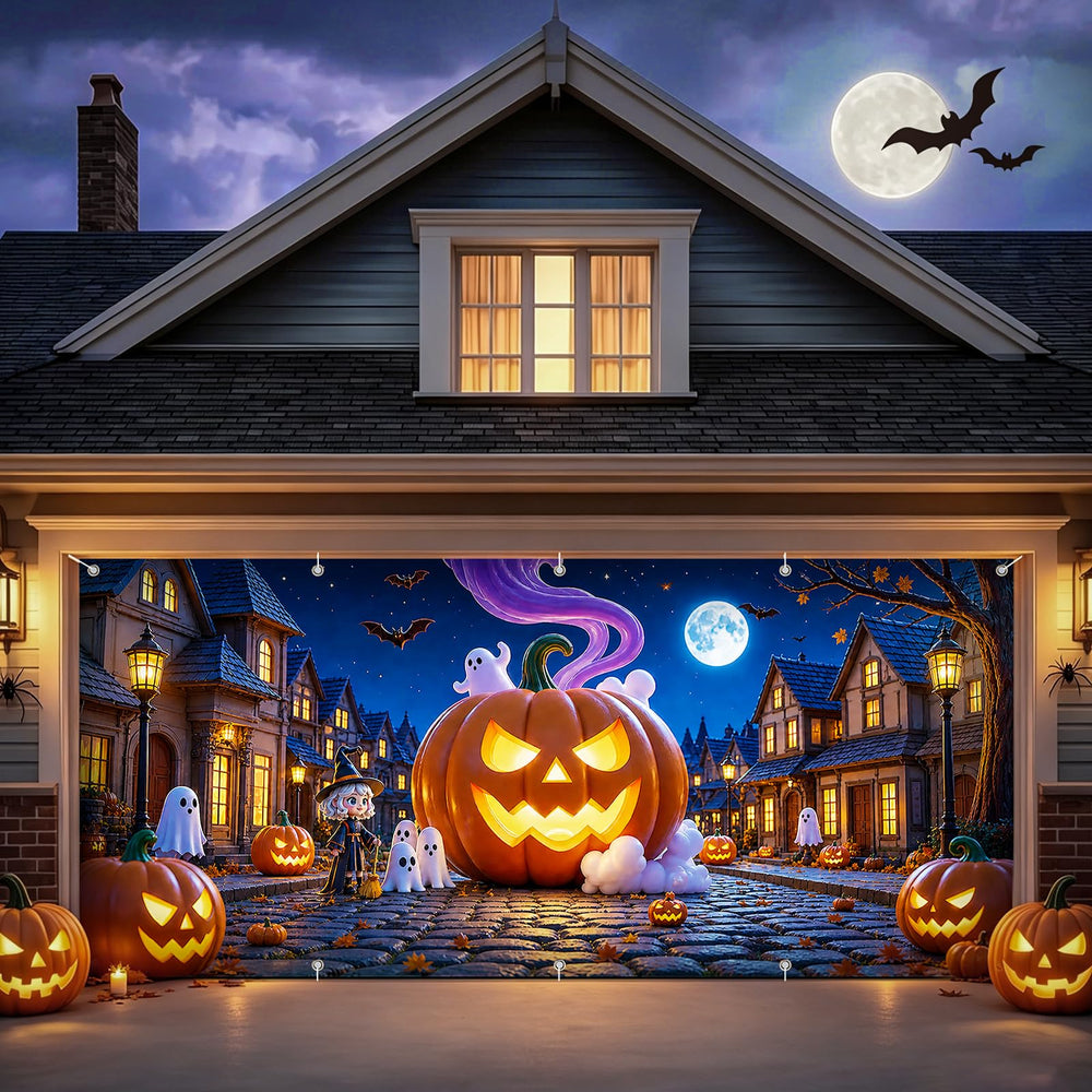 Klyftonix front view of pumpkin garage door banner showing bright festive impact