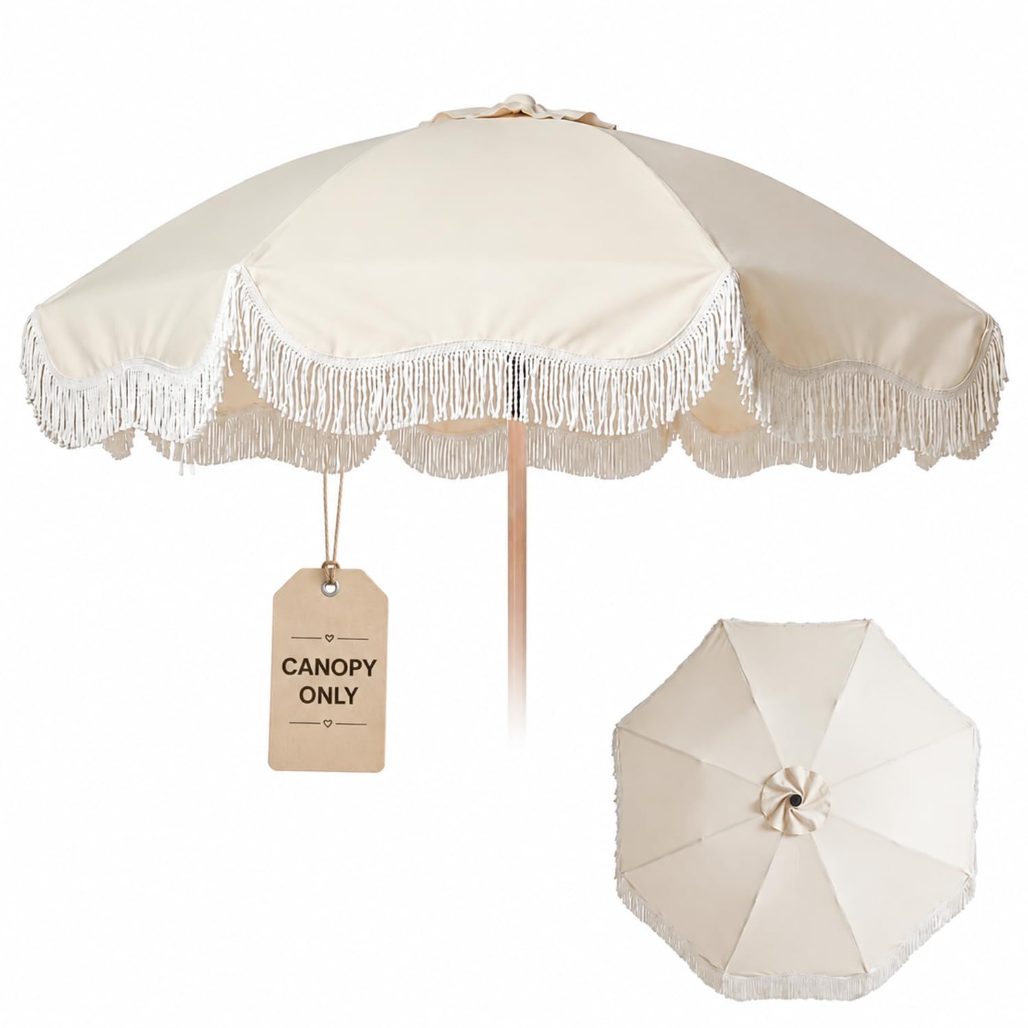 Klyyo Clyro front view canopy showing full white coverage and fringe benefit of refreshed shade