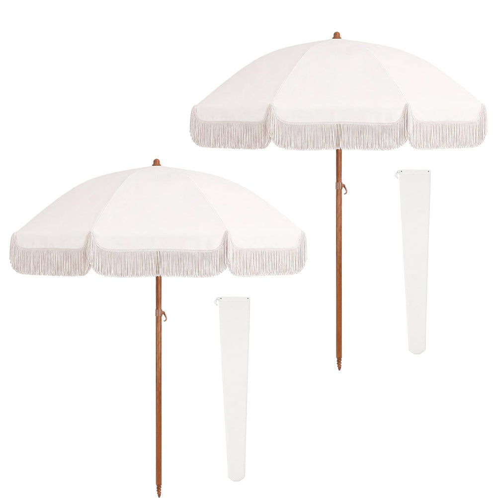 Klyyo Clyro front view of white boho umbrella showing fringe and scalloped edge for stylish shade