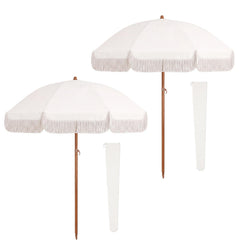 Klyyo Clyro front view of white boho umbrella showing fringe and scalloped edge for stylish shade