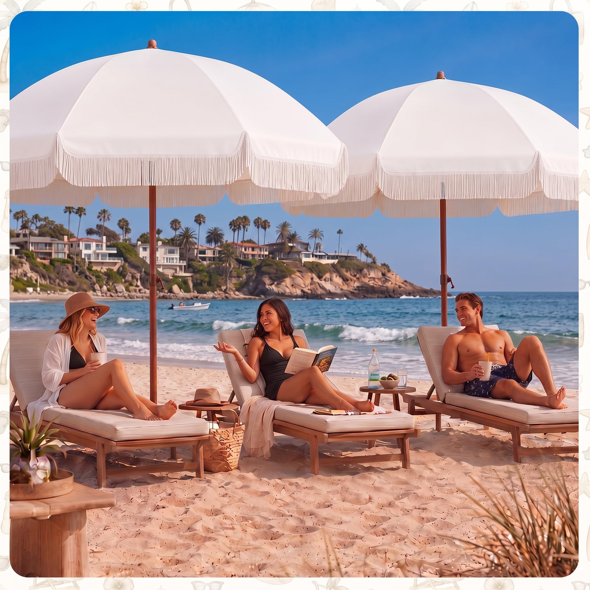 Klyyo Clyro umbrella in use on beach shading two loungers for portable UV50+ protection