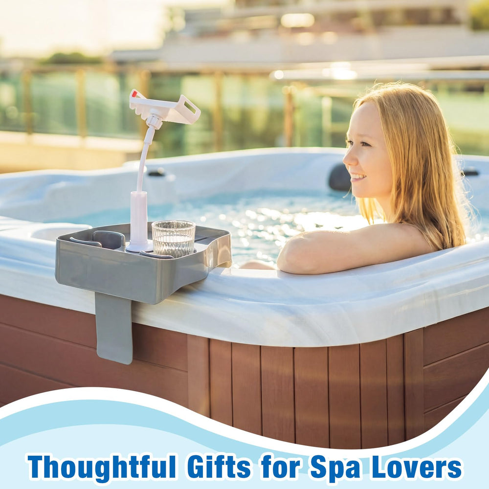 Klyyo Clyro tray in use beside inflatable hot tub for convenient access