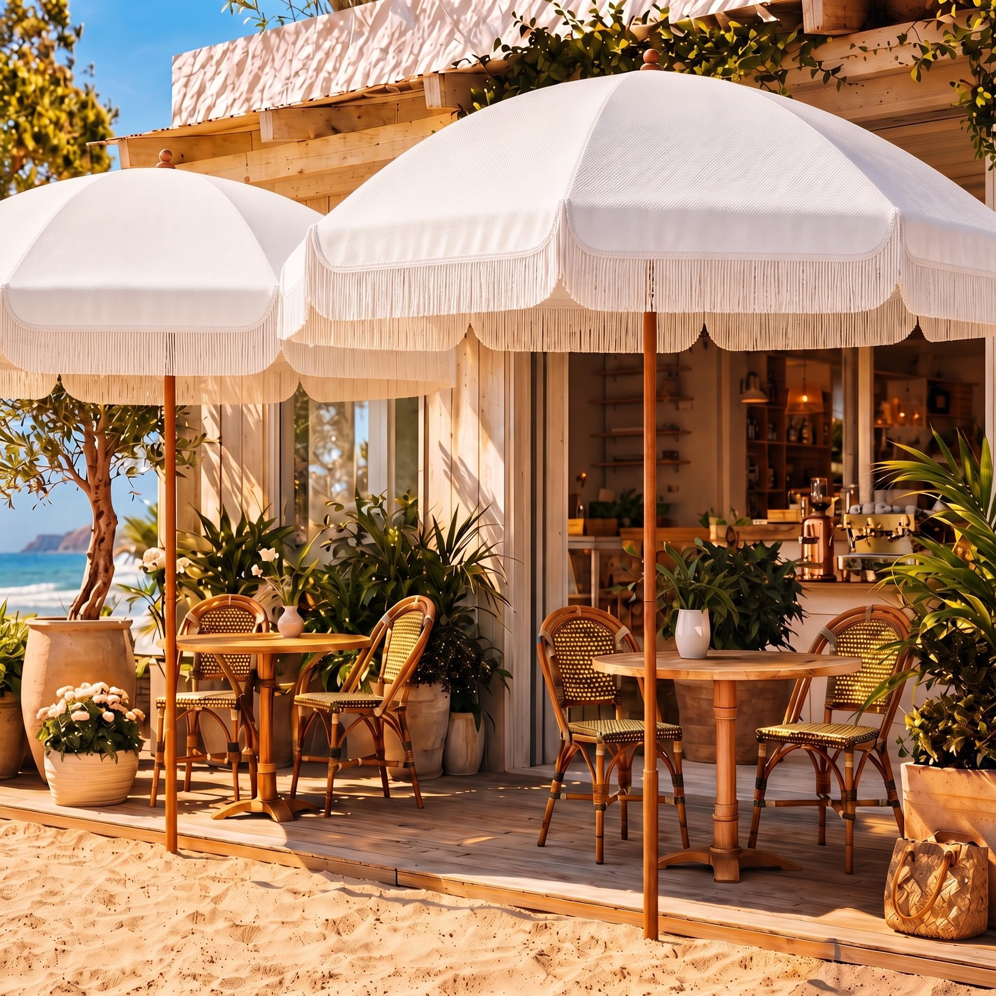 Klyyo Clyro umbrella next to chairs showing 7ft scale to visualize coverage area