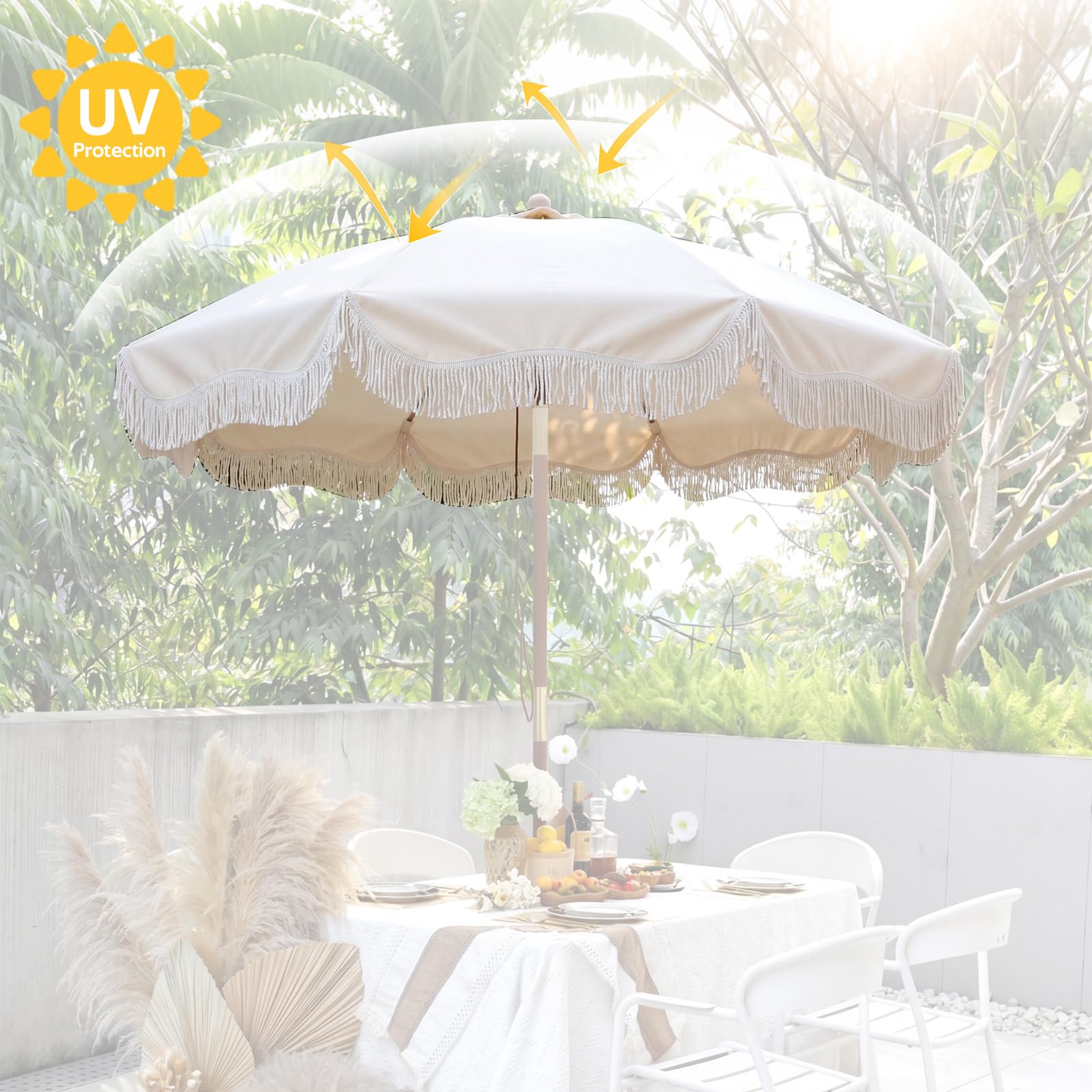 Klyyo Clyro size and scale next to chair showing 6.5ft fit for common patio setups