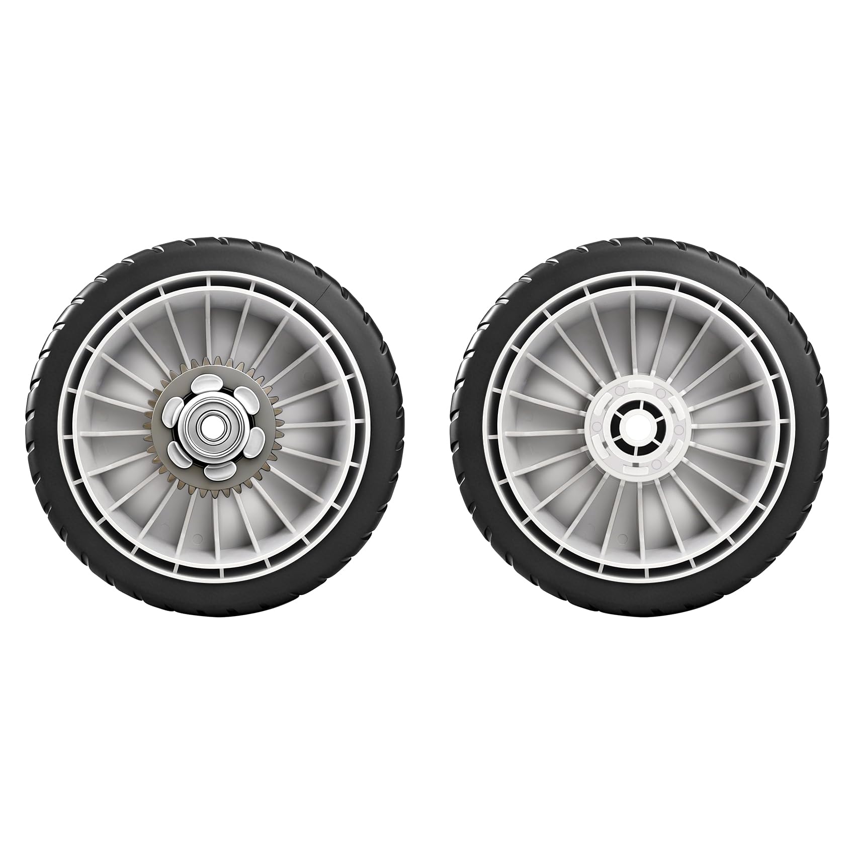 KMHGD front view of two replacement rear mower wheels showing fit and finish