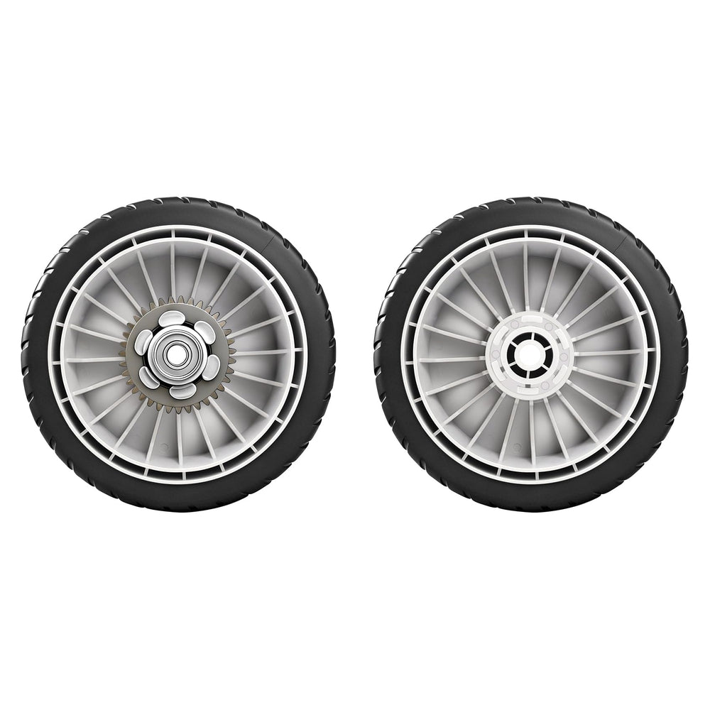 KMHGD front view of two replacement rear mower wheels showing fit and finish