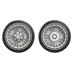KMHGD front view of two replacement rear mower wheels showing fit and finish