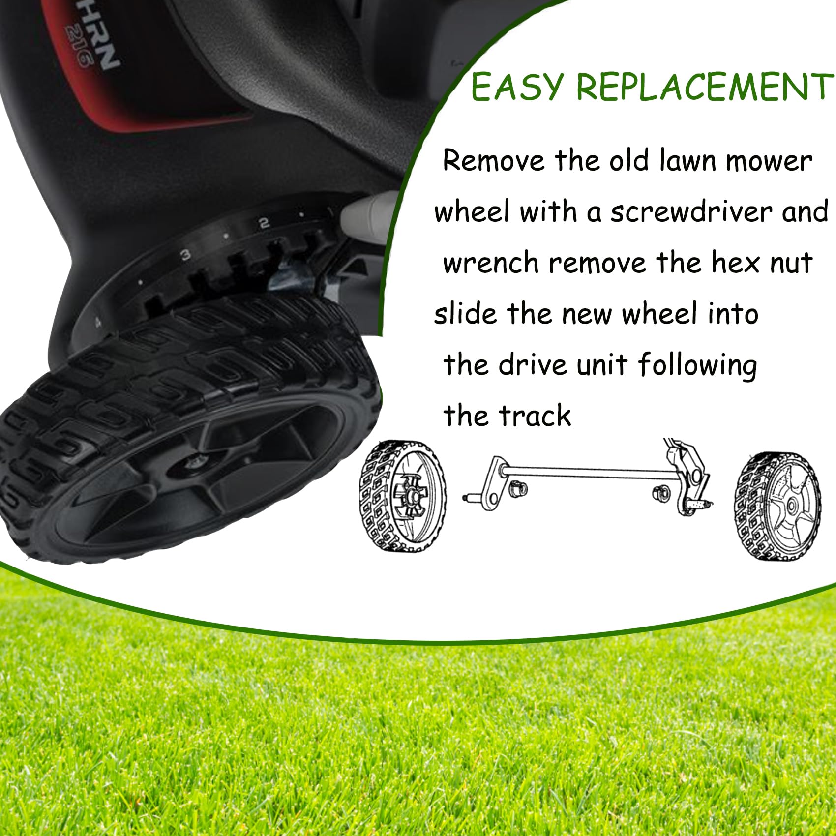 KMHGD wheel mounted on Honda HRN216 mower restoring smooth rolling