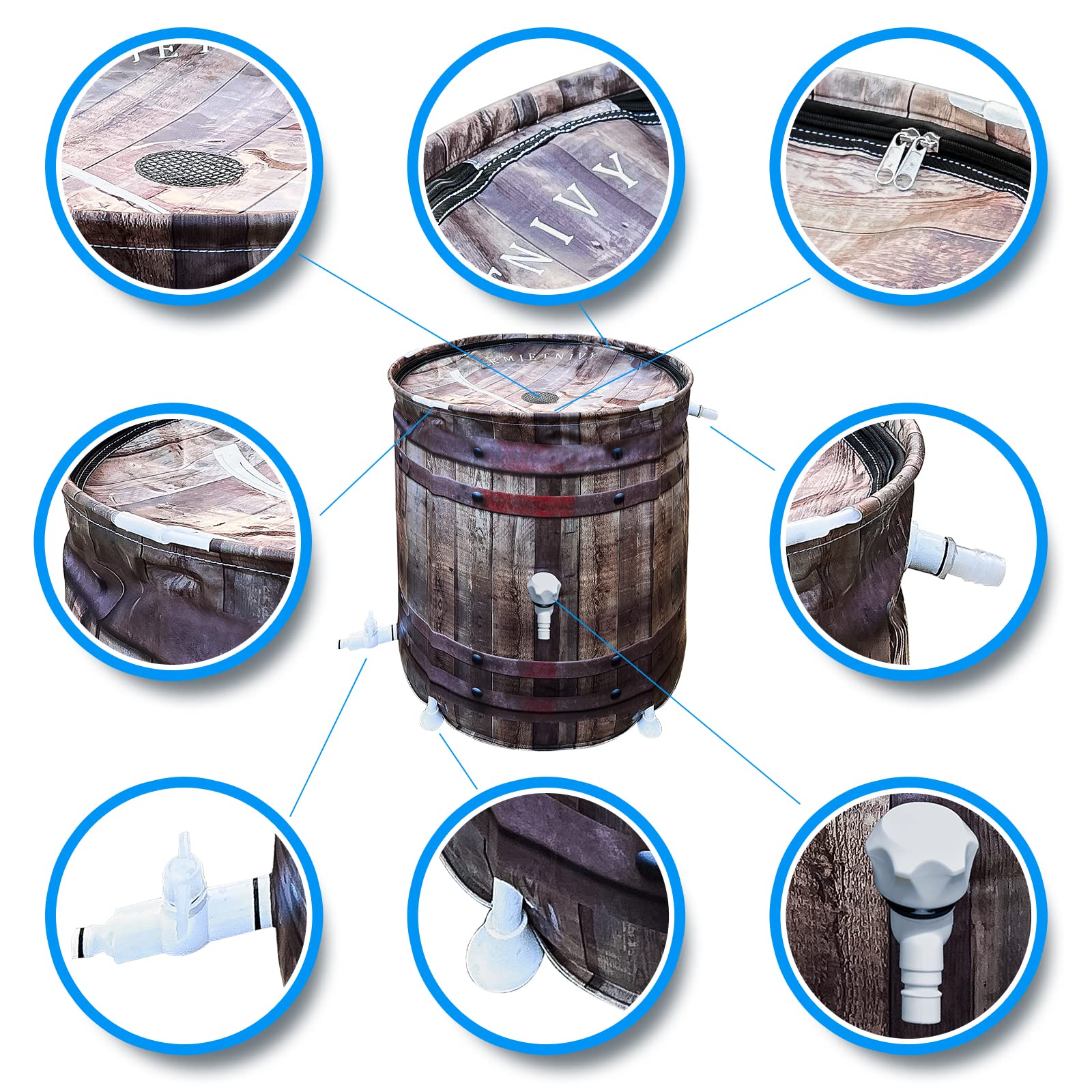 KMJETNIVY rain barrel beside person to show scale and easy transportability benefit