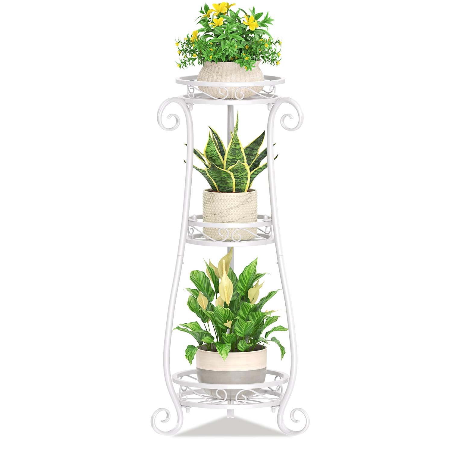 KMOTASUO front view of white 3-tier stand showcasing neat plant display and space saving