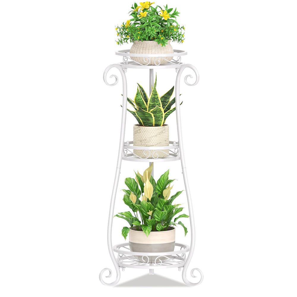 KMOTASUO front view of white 3-tier stand showcasing neat plant display and space saving