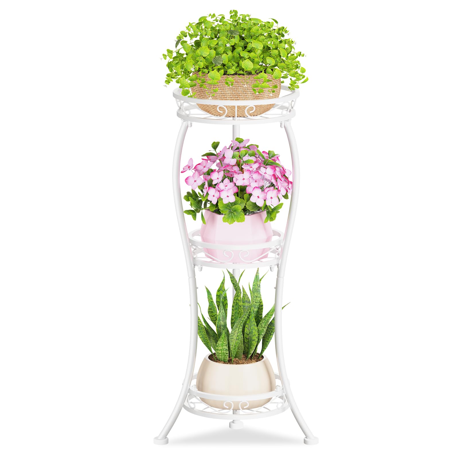 KMOTASUO front view of tall white plant stand showing tiered display and space saving