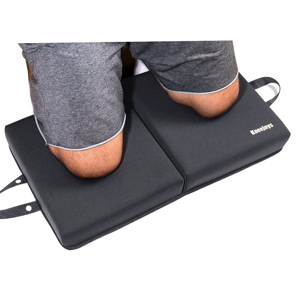 Kneejoys folded pad front view showing handle for easy carrying and storage