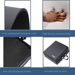 Kneejoys pad open flat beside ruler showing size and full coverage benefit