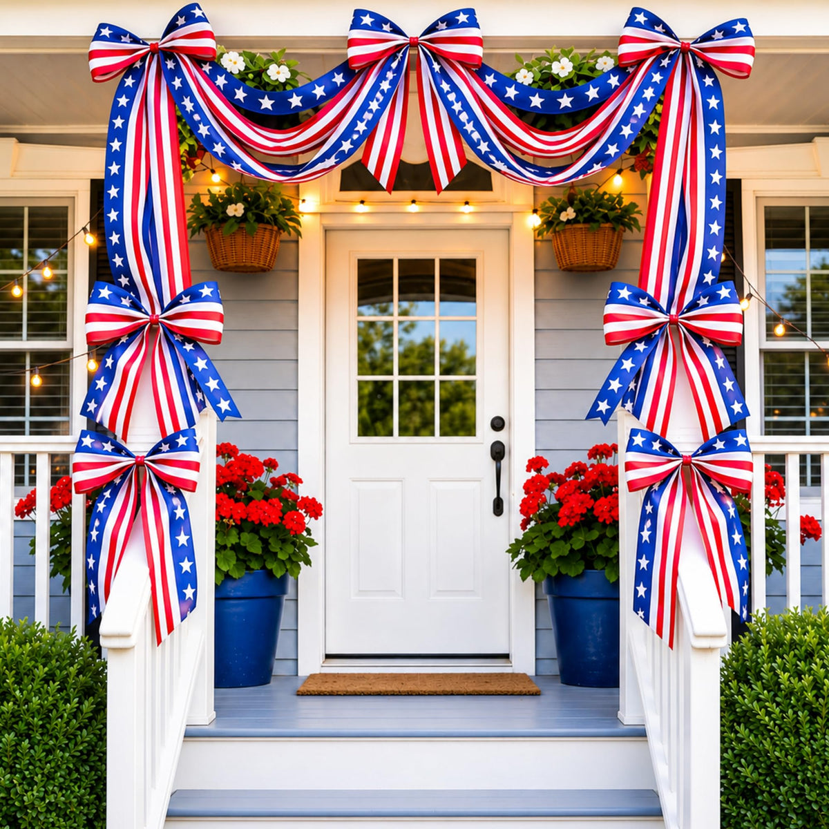 Knitgrip bunting on porch showing patriotic curb appeal