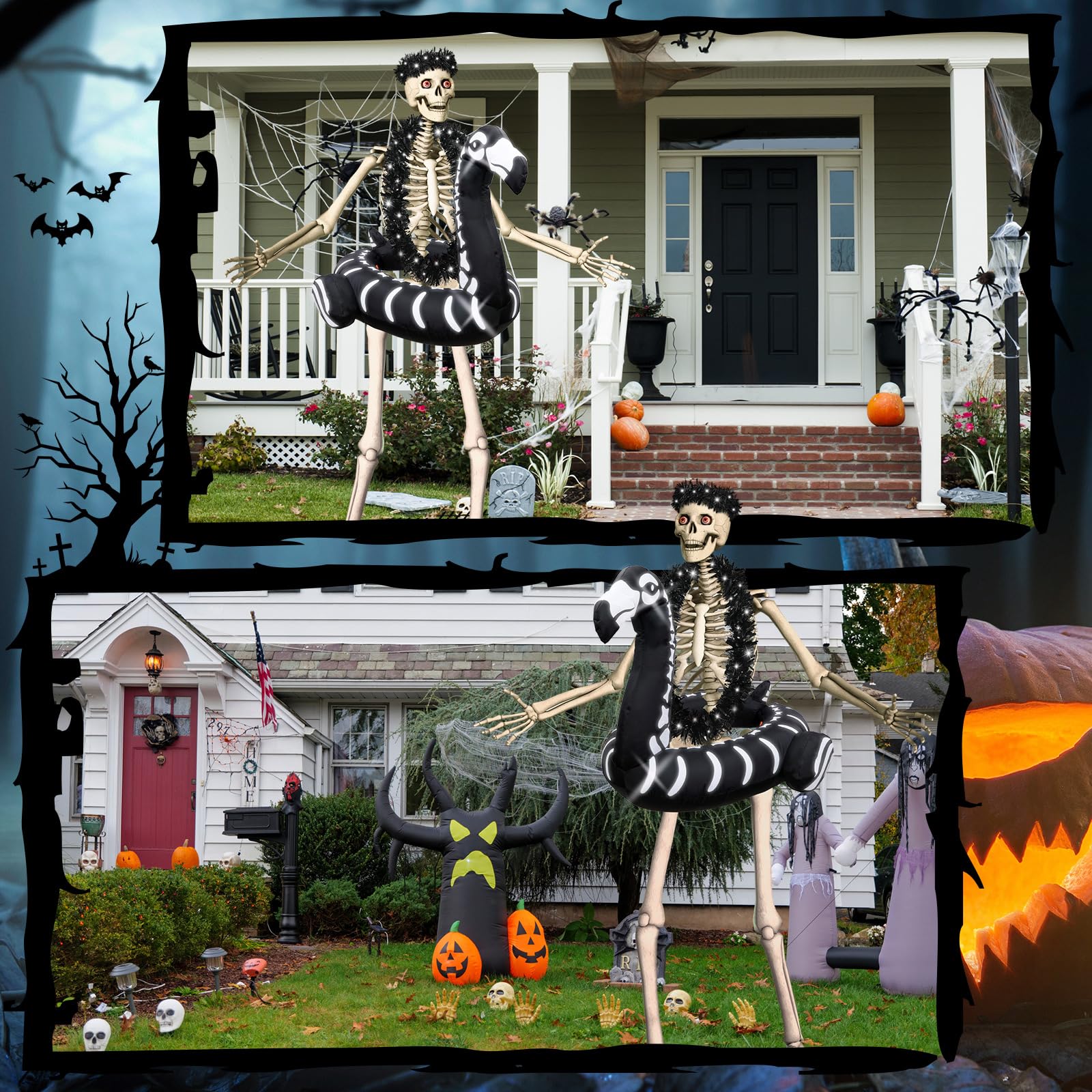 Knitgrip inflated flamingo ring on 12 ft skeleton in yard showing dramatic Halloween display
