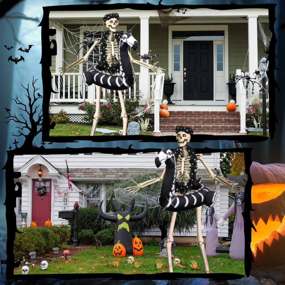 Knitgrip inflated flamingo ring on 12 ft skeleton in yard showing dramatic Halloween display