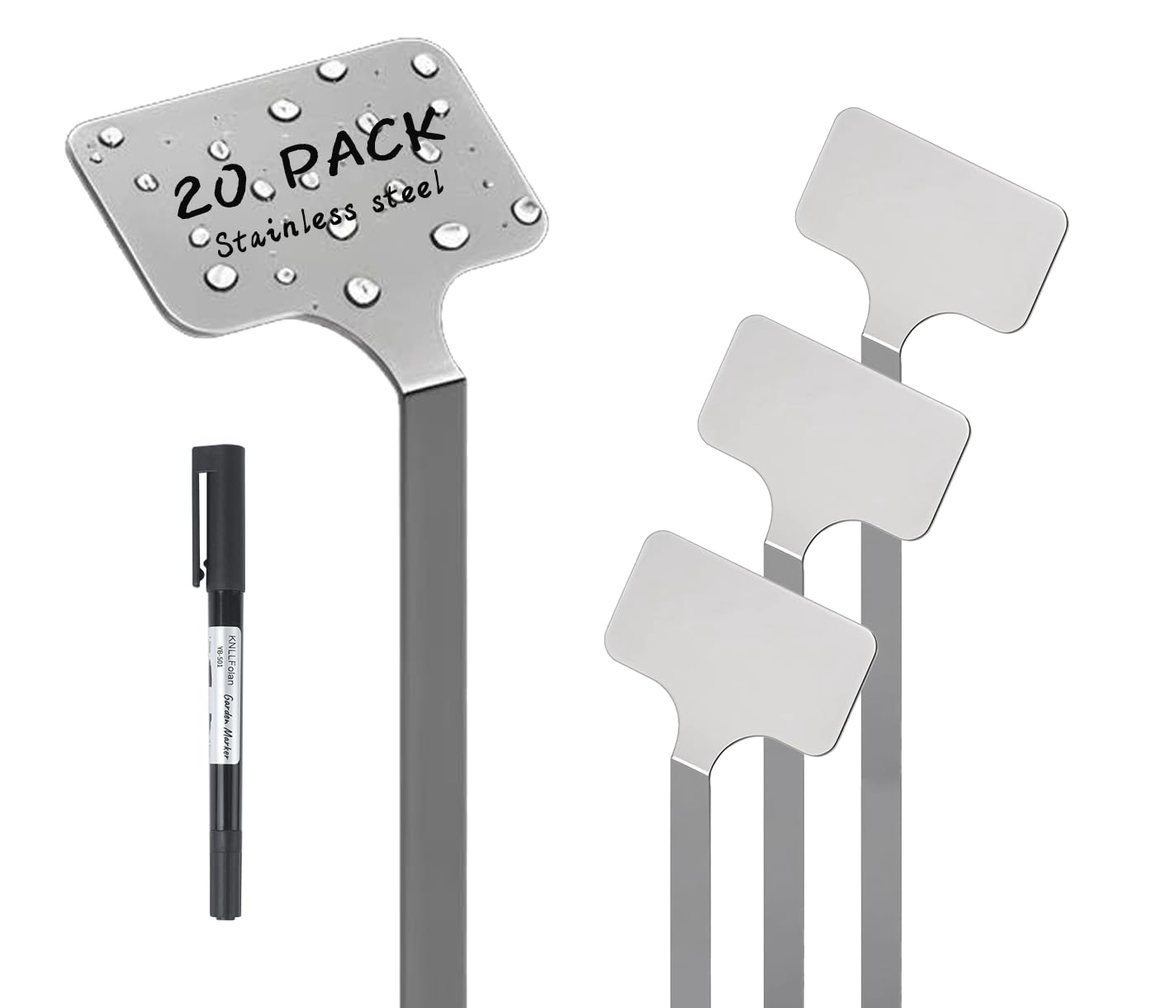 KNLLFolan front packaging showing 20 metal plant labels and included pen for quick start