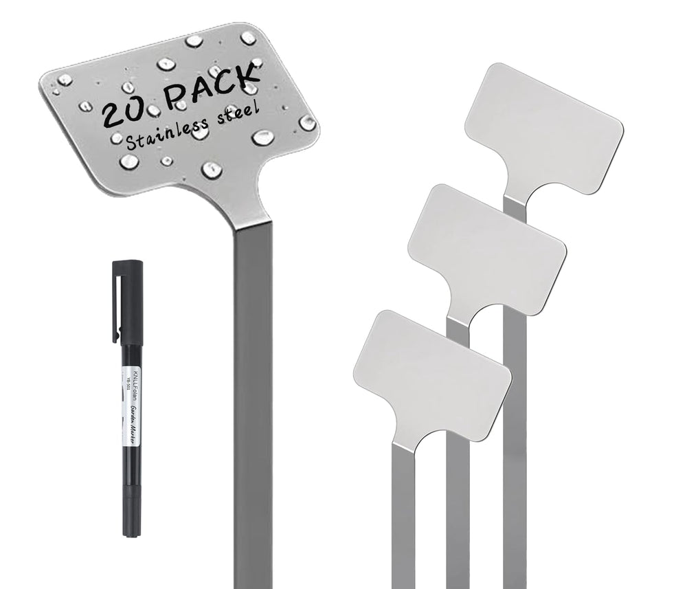 KNLLFolan front packaging showing 20 metal plant labels and included pen for quick start