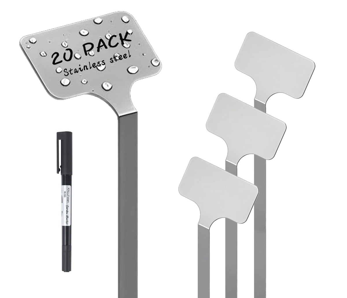KNLLFolan front packaging showing 20 metal plant labels and included pen for quick start