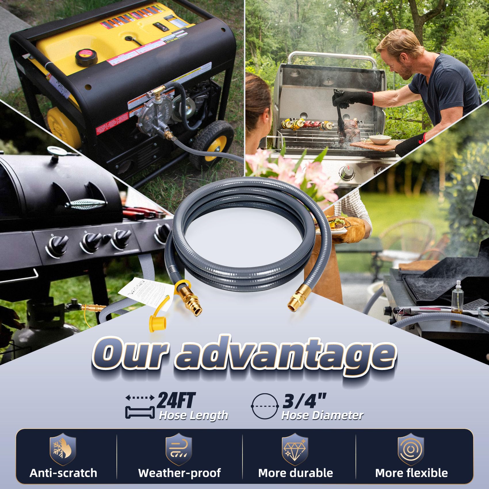 Knocokie hose connected to a grill outdoors for convenient fueling