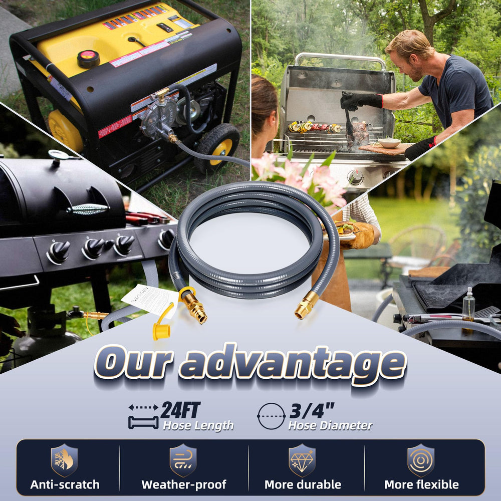 Knocokie hose connected to a grill outdoors for convenient fueling