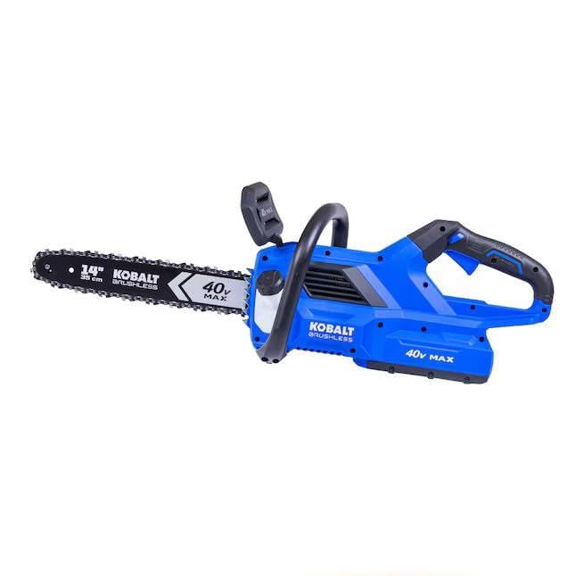 Kobalt 40V chainsaw front view showing compact body and 14-inch bar for efficient trimming
