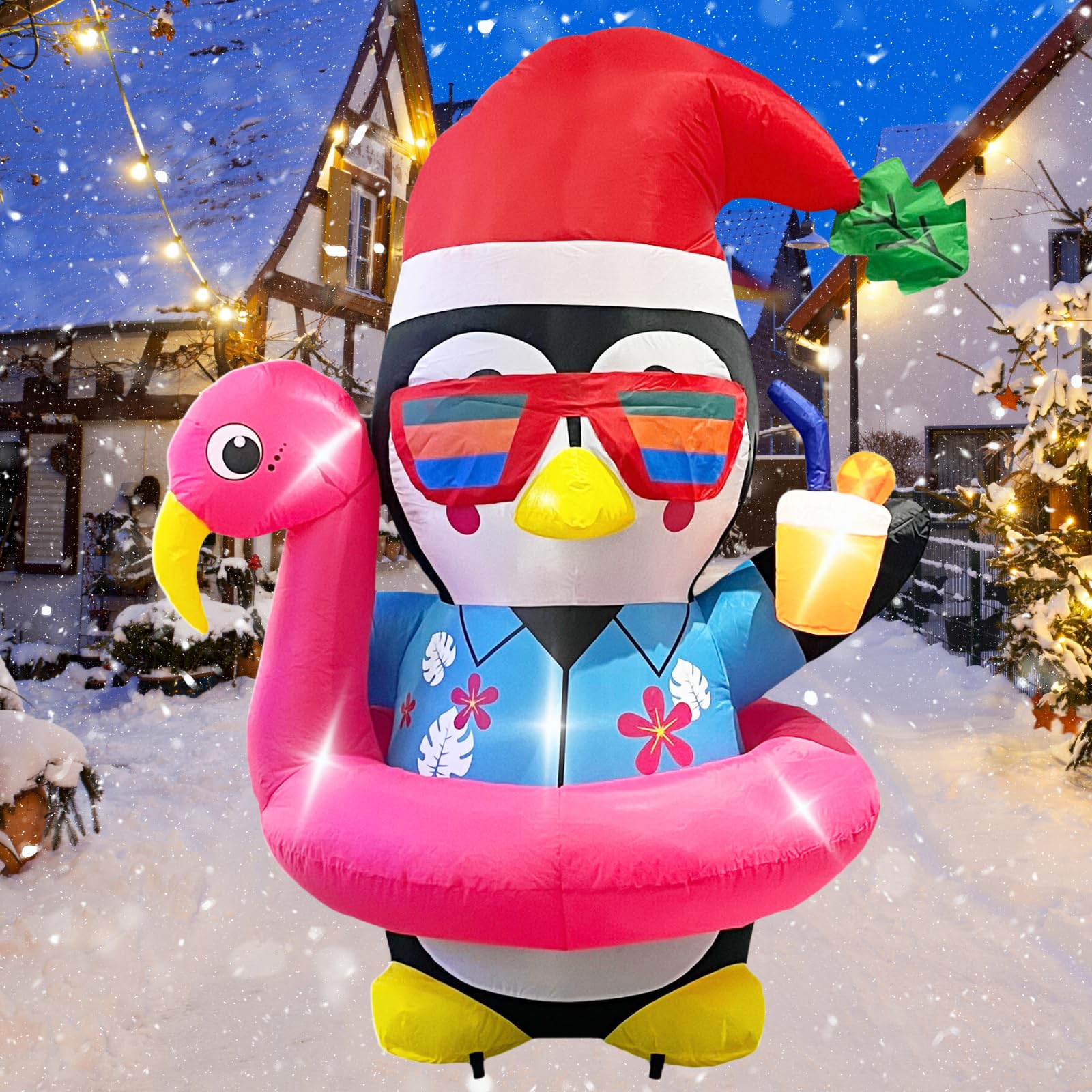 Kofero penguin front view showing colorful Hawaiian shirt and flamingo ring for festive curb appeal
