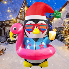 Kofero penguin front view showing colorful Hawaiian shirt and flamingo ring for festive curb appeal