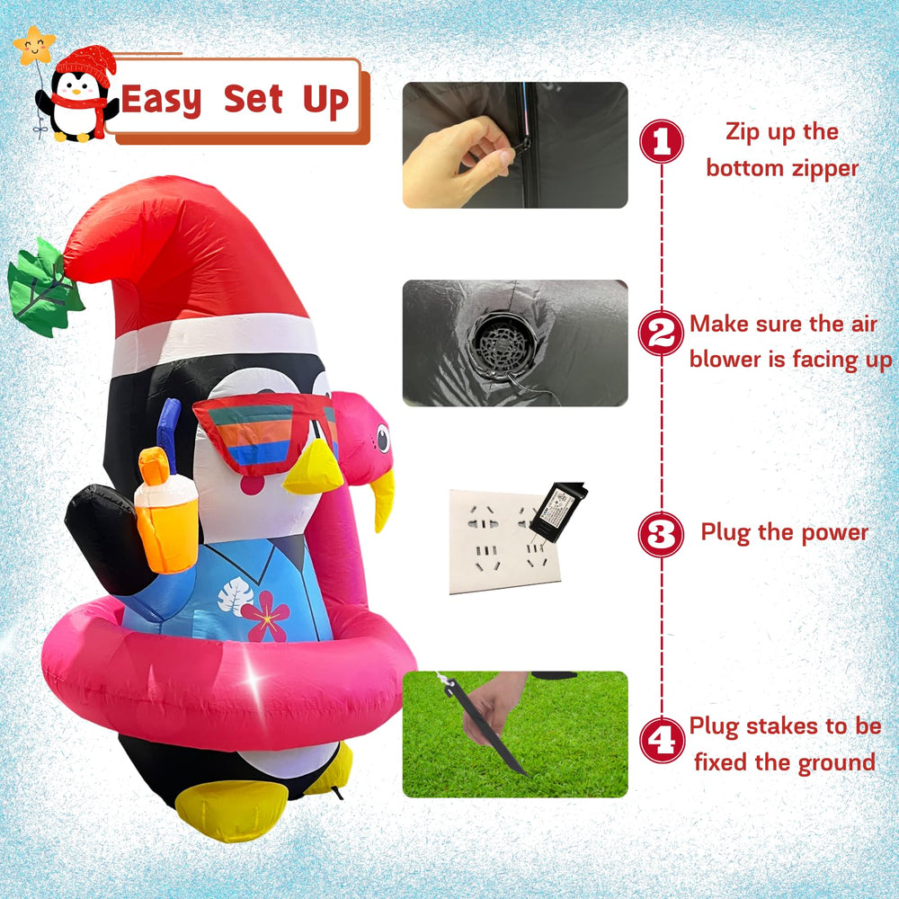 Kofero penguin on a front lawn with family enjoying festive tropical holiday decoration